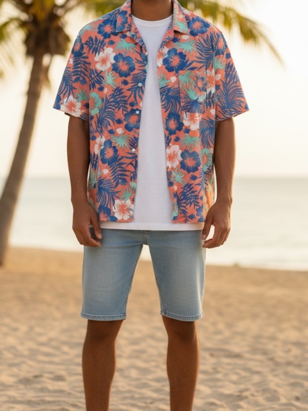 Place Coral Tropical Print Camp Shirt with Teal and Navy Accents